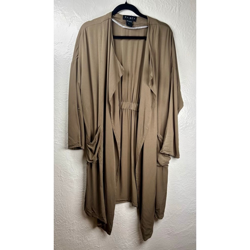 Waimea Duster Cardigan Women L‎ Green Roll Tab Sleeve Utility Earthy Safari Boho